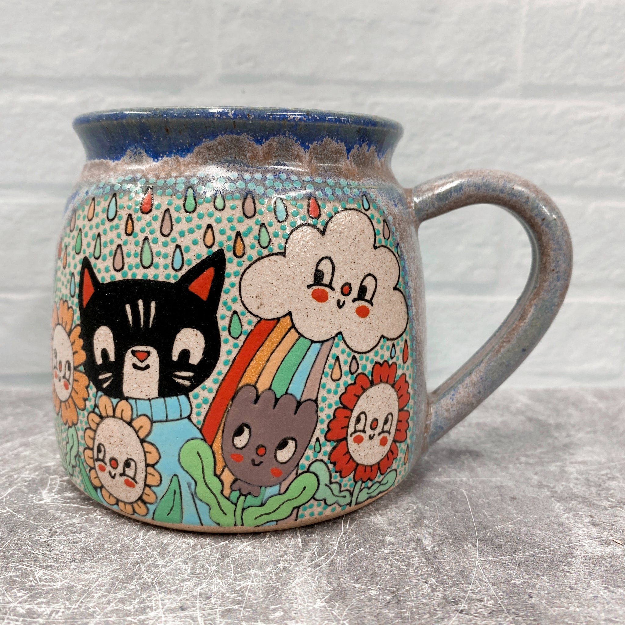 Ceramic Wheel Thrown Rainbow Cat Mug 16oz