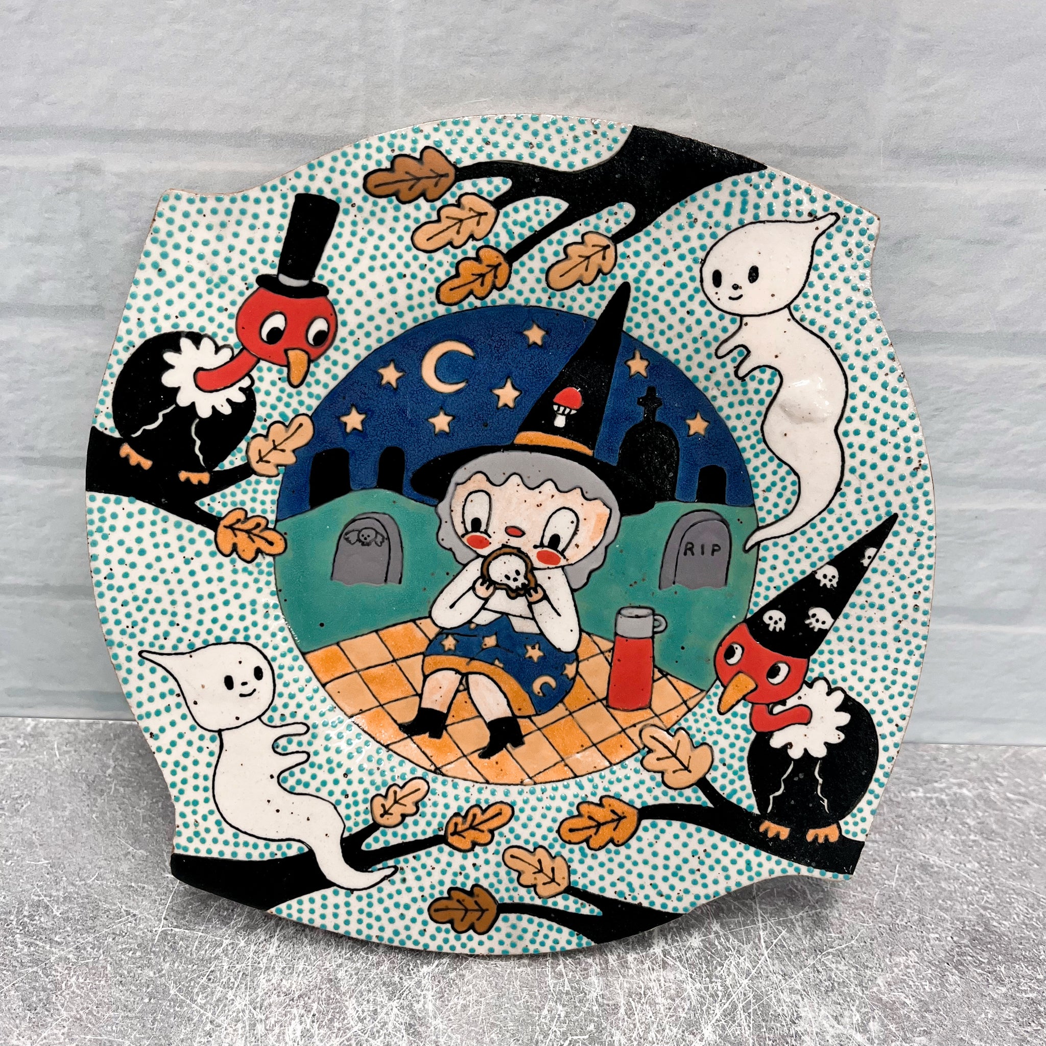 Discounted Ceramic Hand Built Plate Picnic Witch 7"