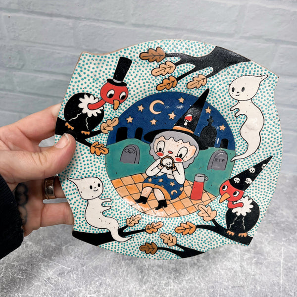 Discounted Ceramic Hand Built Plate Picnic Witch 7"