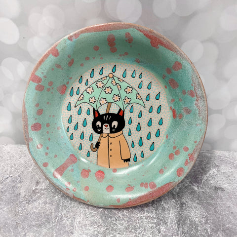Ceramic Hand Built Rain Cat Dish 7"