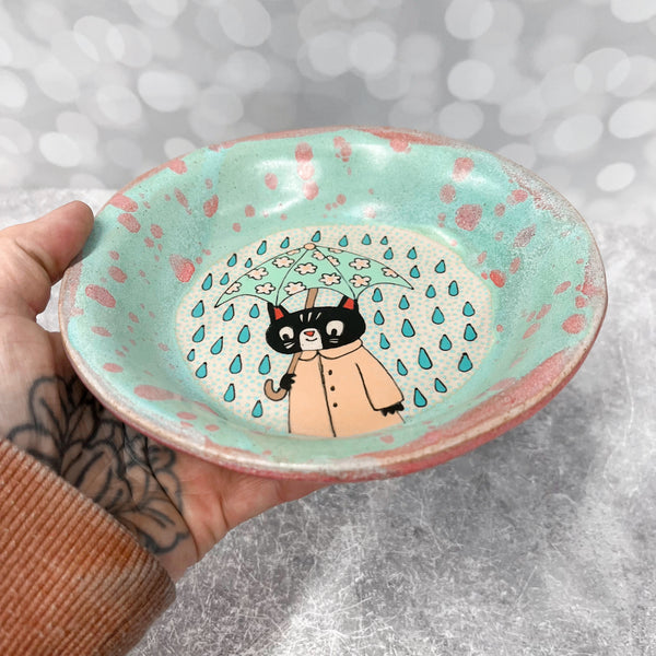Ceramic Hand Built Rain Cat Dish 7"