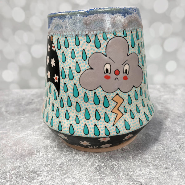 Ceramic Wheel Thrown Rain Cat Vase 31oz
