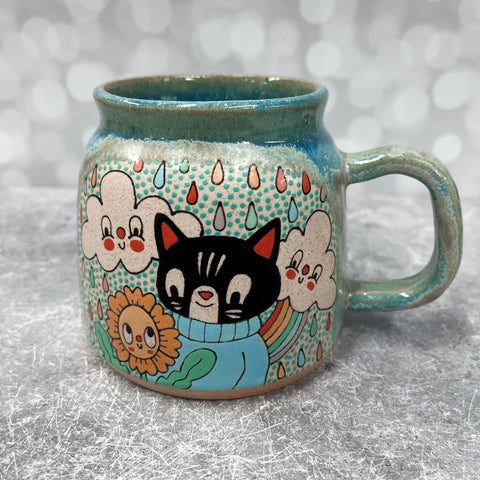 Ceramic Wheel Thrown Cat Flower Mug 16.5oz