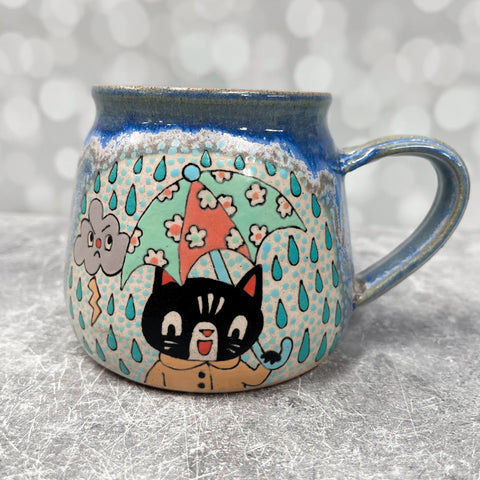 Ceramic Wheel Thrown Rain Cat Mug 14oz