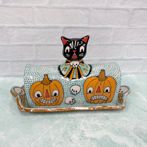 Ceramic Hand Built Halloween Cat Butter Dish