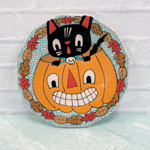 Ceramic Hand Built Halloween Cat Plate 6"
