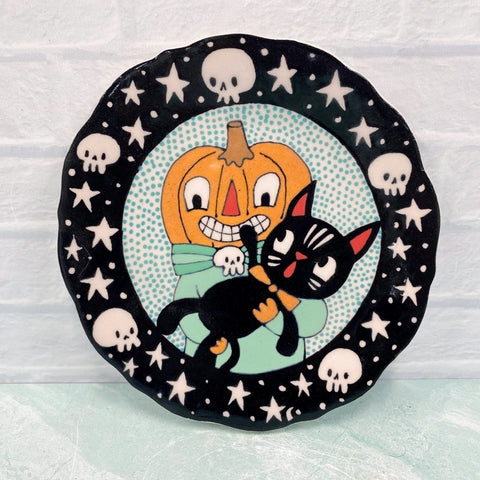 Ceramic Hand Built Halloween Pumpkin Cat Plate 6"