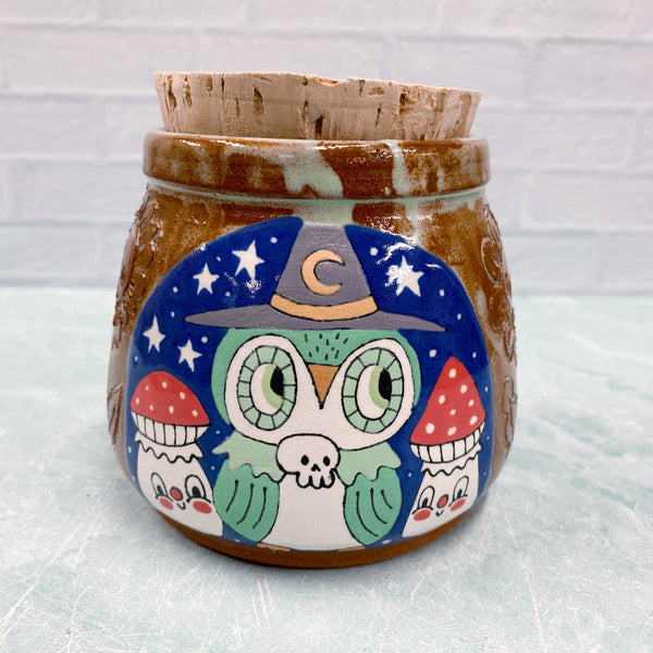 Ceramic Wheel Thrown Halloween Owl Jar 26oz