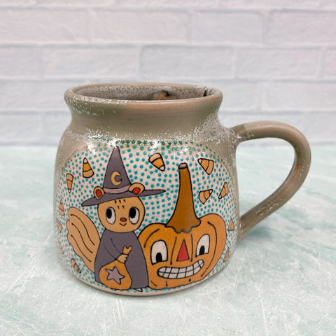 Ceramic Wheel Thrown Halloween Squirrel Witch Mug 14.5oz