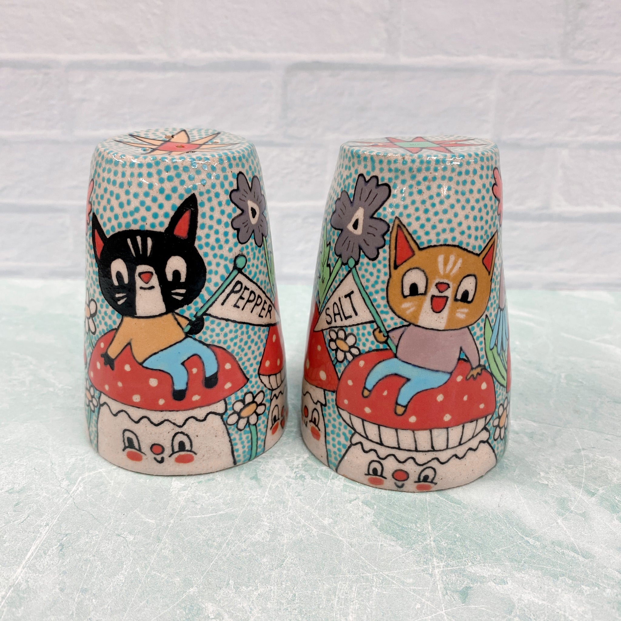 Ceramic Hand Built Salt and Pepper Shakers Cat
