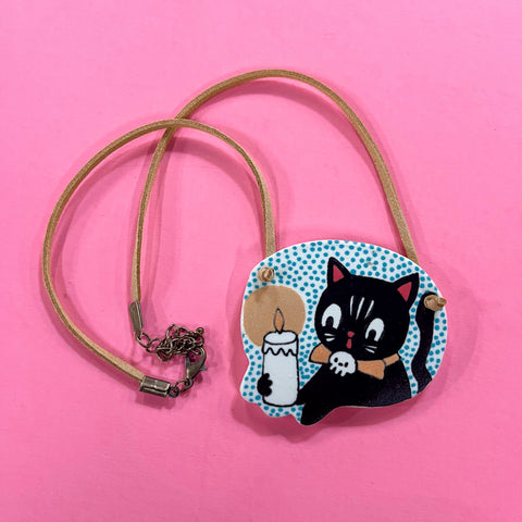 Ceramic Hand Built Necklace Candle Cat 18"