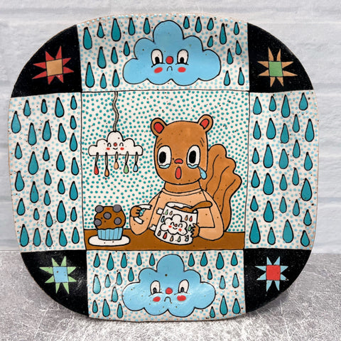 Ceramic Hand Built Sad Squirrel Plate 6.5”