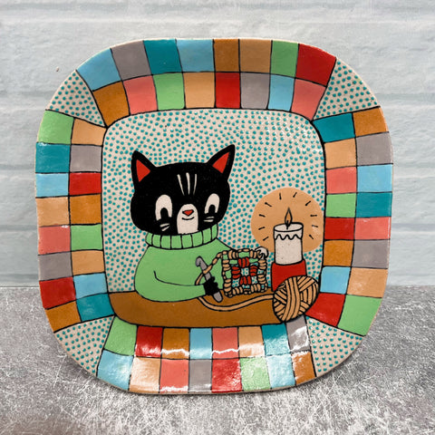 Ceramic Hand Built Crochet Cat Plate 6.25”