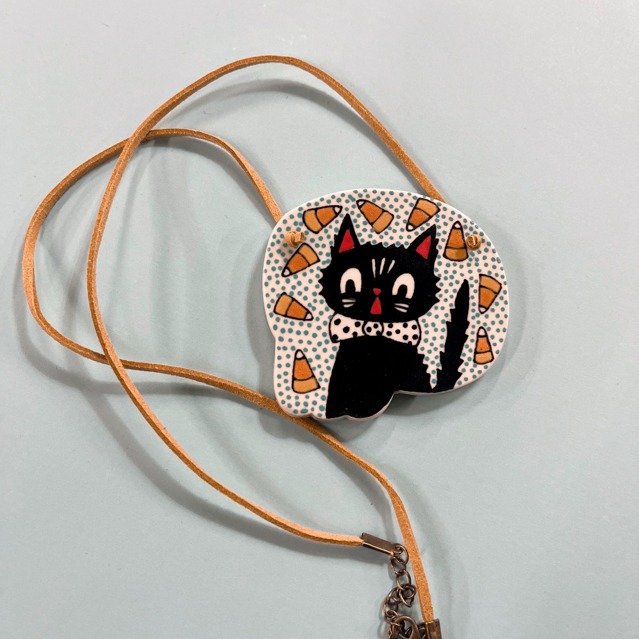 Ceramic Hand Built Necklace Cat Candy Corn 24"