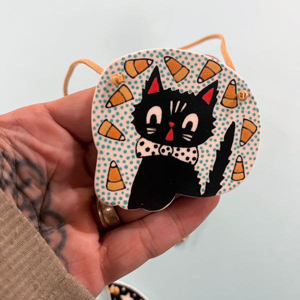 Ceramic Hand Built Necklace Cat Candy Corn 24"