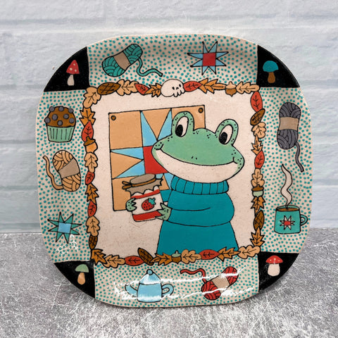 Ceramic Hand Built Frog Quilt Plate 6.5”