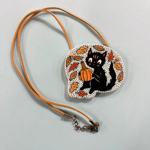 Ceramic Hand Built Necklace Cat Pumpkin 24"