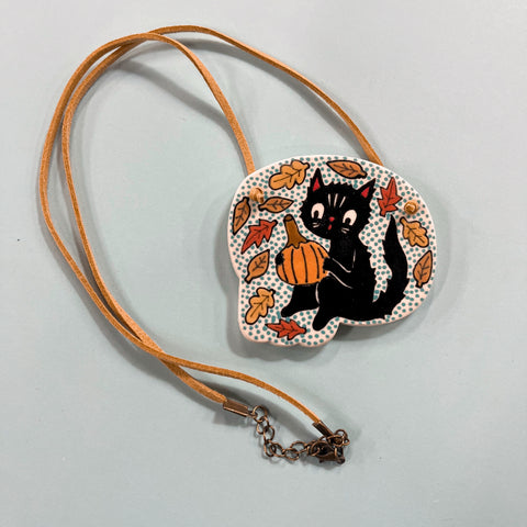 Ceramic Hand Built Necklace Cat Pumpkin 24"