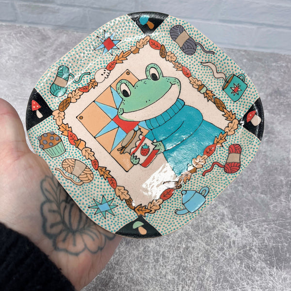 Ceramic Hand Built Frog Quilt Plate 6.5”