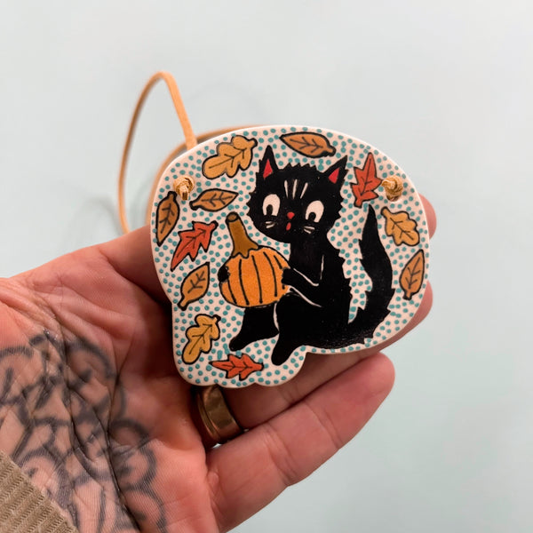 Ceramic Hand Built Necklace Cat Pumpkin 24"