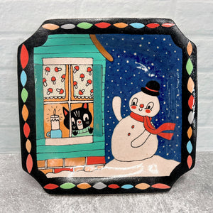 Ceramic Hand Built Snowman Cat Plate 7”