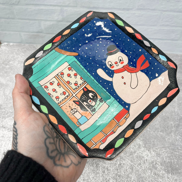 Ceramic Hand Built Snowman Cat Plate 7”