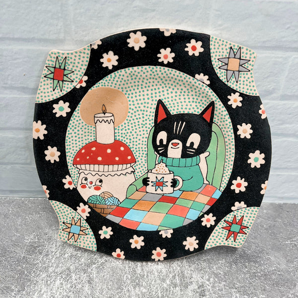 Ceramic Hand Built Cozy Cat Plate 7”