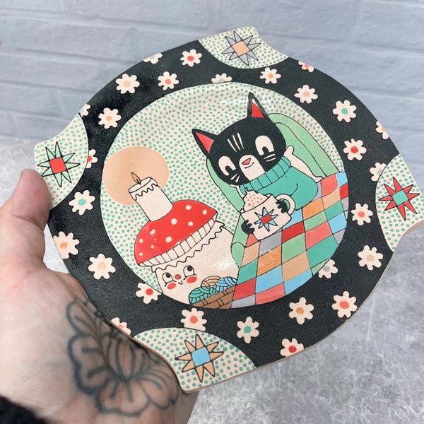 Ceramic Hand Built Cozy Cat Plate 7”