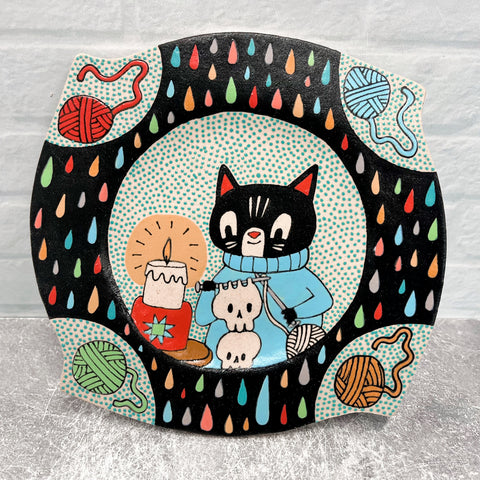 Ceramic Hand Built Cat Knitting Plate 7”