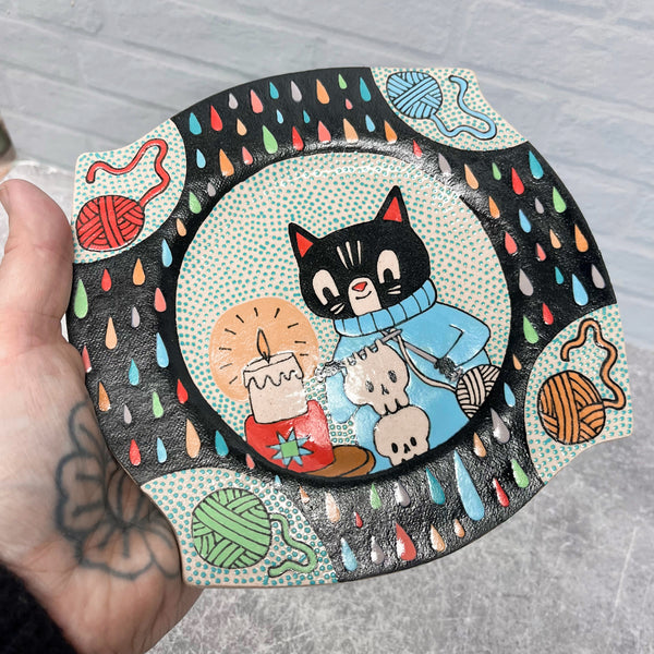 Ceramic Hand Built Cat Knitting Plate 7”