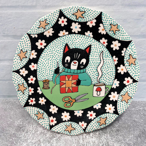 Ceramic Hand Built Cat Quilt Plate 7”