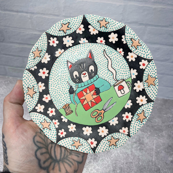 Ceramic Hand Built Cat Quilt Plate 7”