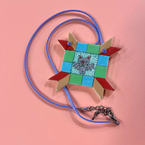 Ceramic Hand Built Necklace Bat Quilt 24"