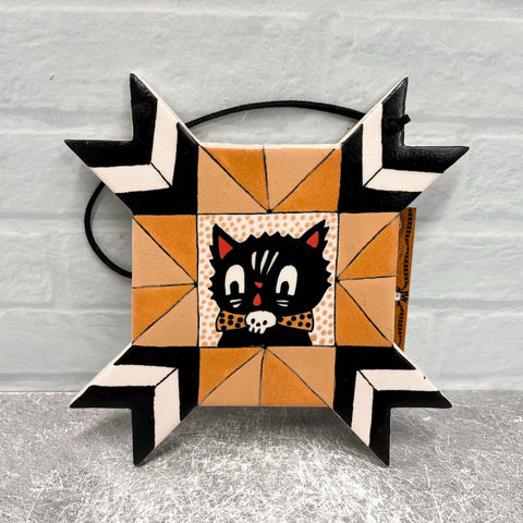 Ceramic Hand Built Halloween Cat Wall Hanging 5.5”