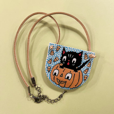 Ceramic Hand Built Necklace Cat Pumpkin 16"