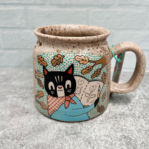 Ceramic Wheel Thrown Mug Drawing Cat 14.5oz