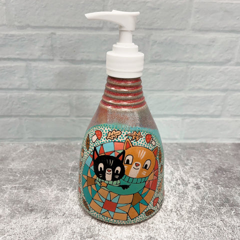 Ceramic Wheel Thrown Soap Dispenser Cozy Cats