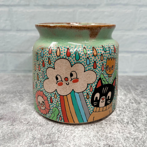 Ceramic Wheel Thrown Jar (Or handles-less mug) Rainbow Cat