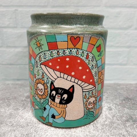 Ceramic Wheel Thrown Jar Mushroom Cat