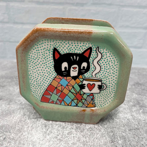 Ceramic Slip Cast Coffee Filter/Napkin Holder Cozy Cat