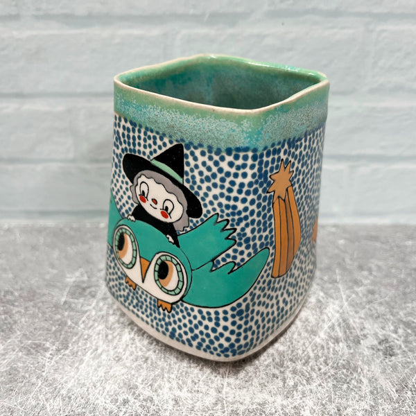 Ceramic Slip Cast 12oz Cup Witch On Owl