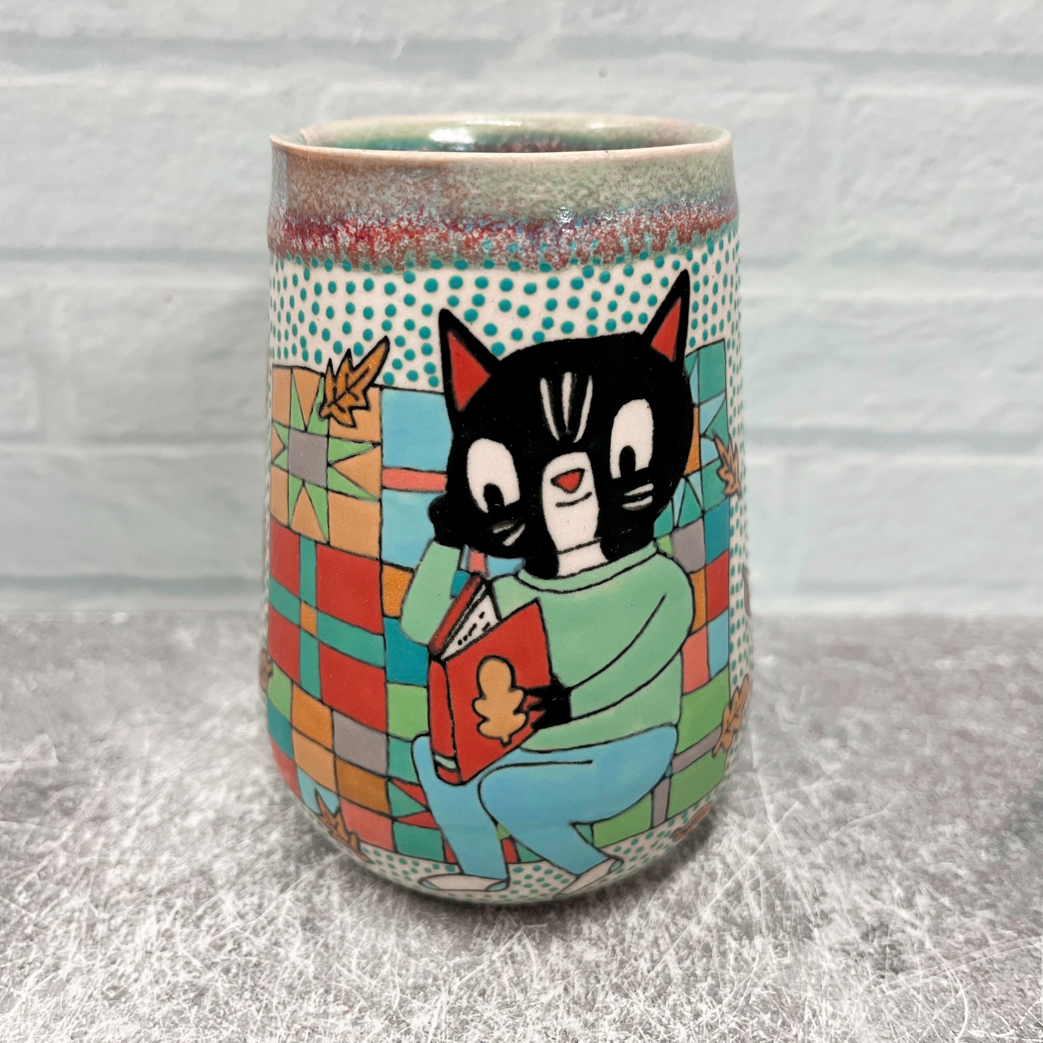 Ceramic Slip Cast 10oz Cup Cat Quilt