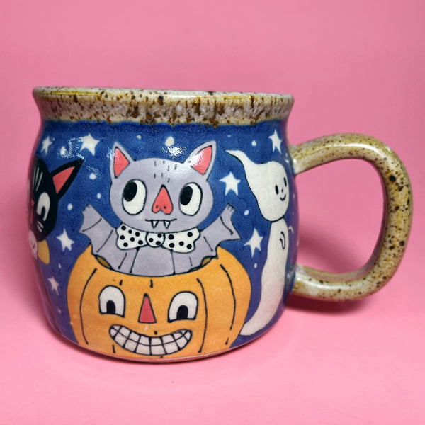 Ceramic Wheel Thrown Halloween Bat Ghost Mug 15oz