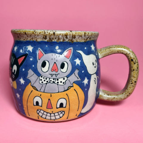 Ceramic Wheel Thrown Halloween Bat Ghost Mug 15oz