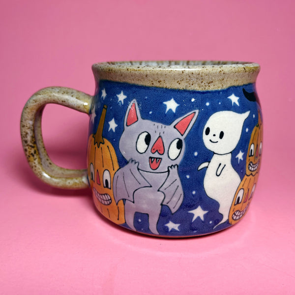 Ceramic Wheel Thrown Halloween Bat Ghost Mug 15oz