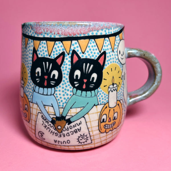 Ceramic Wheel Thrown Ouija Cats Mug 14oz