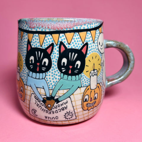 Ceramic Wheel Thrown Ouija Cats Mug 14oz