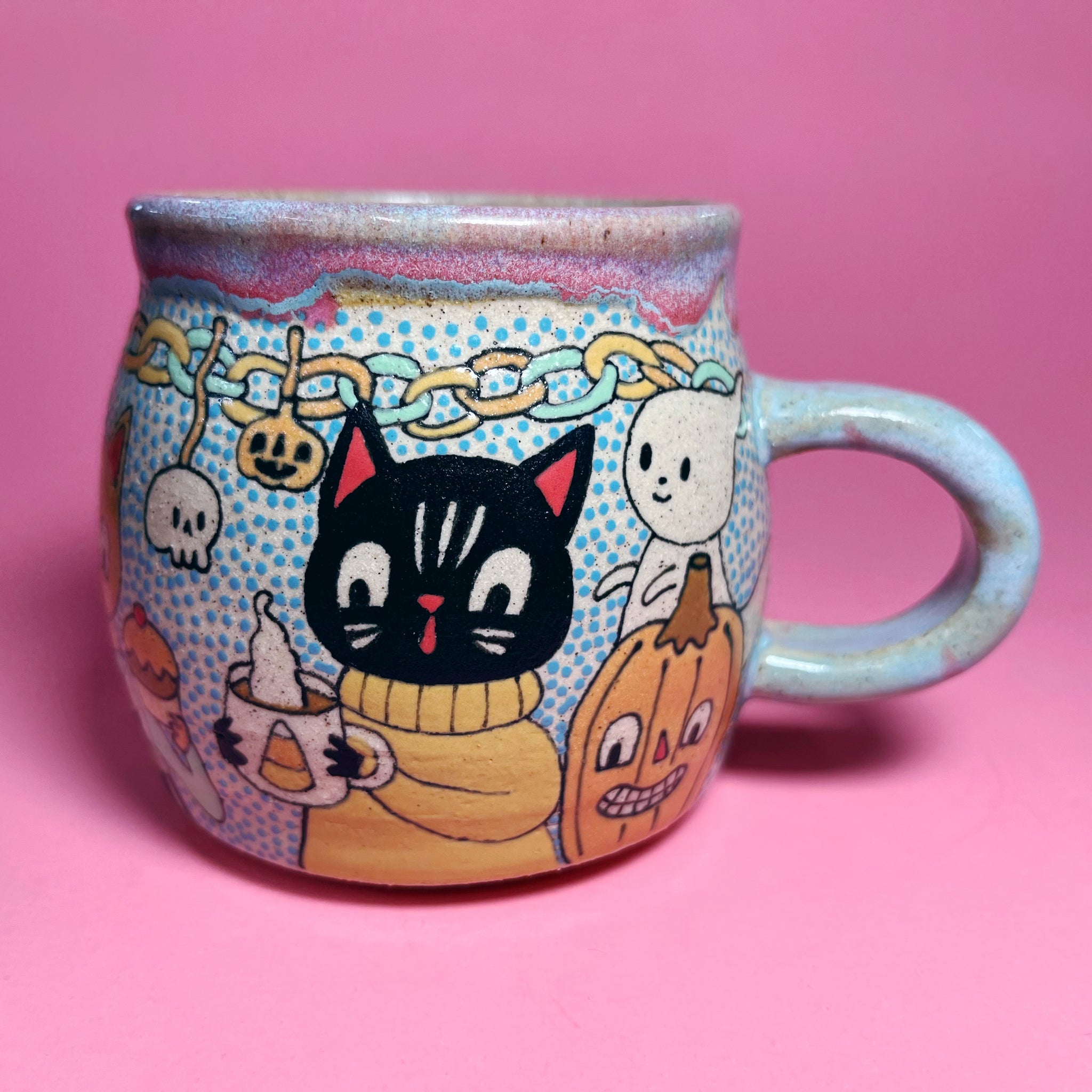 Ceramic Wheel Thrown Halloween Party Cats Mug 11.5oz