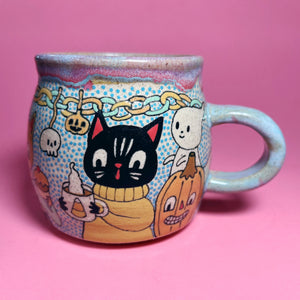 Ceramic Wheel Thrown Halloween Party Cats Mug 11.5oz