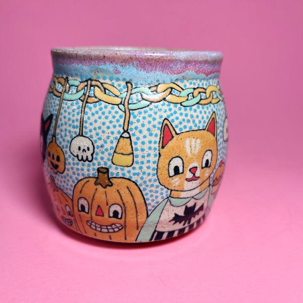 Ceramic Wheel Thrown Halloween Party Cats Mug 11.5oz